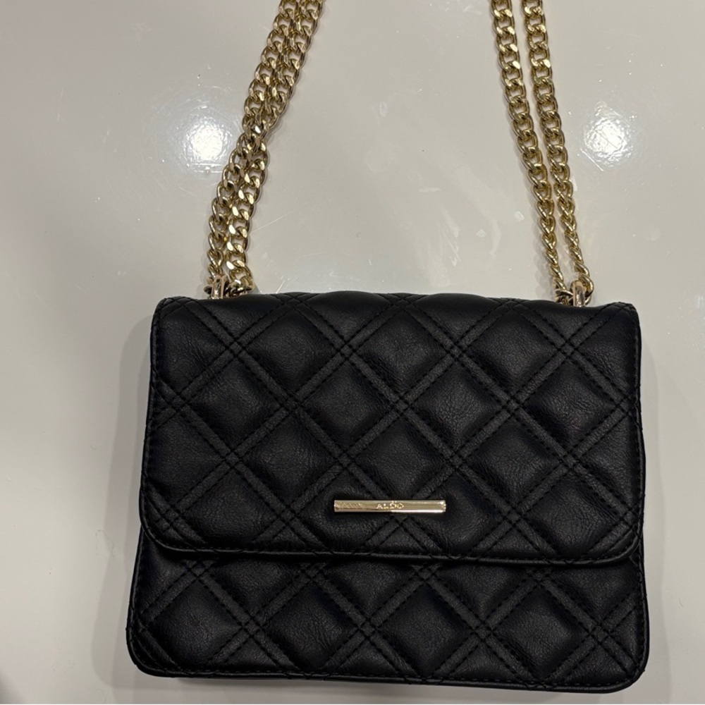 Aldo Black Quilted Crossbody Bag with Gold Chain